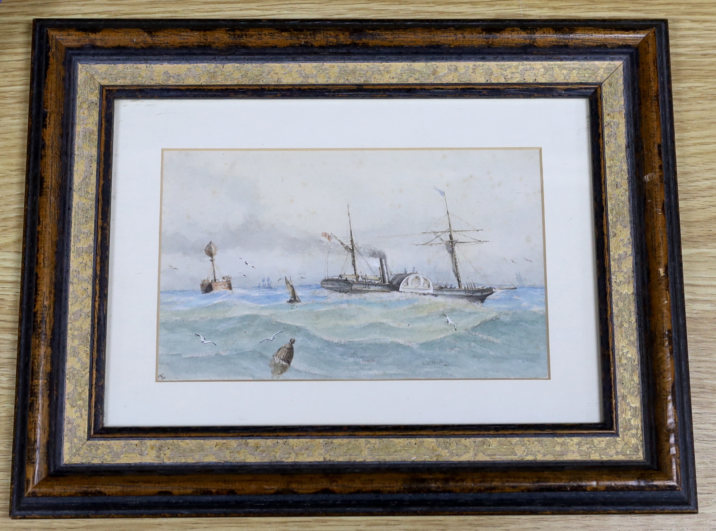 Mid 19th century, British Maritime interest, watercolour, Brigantine-rigged paddle steamship passing a light-vessel, monogrammed, details verso, 11.5 x 19cm